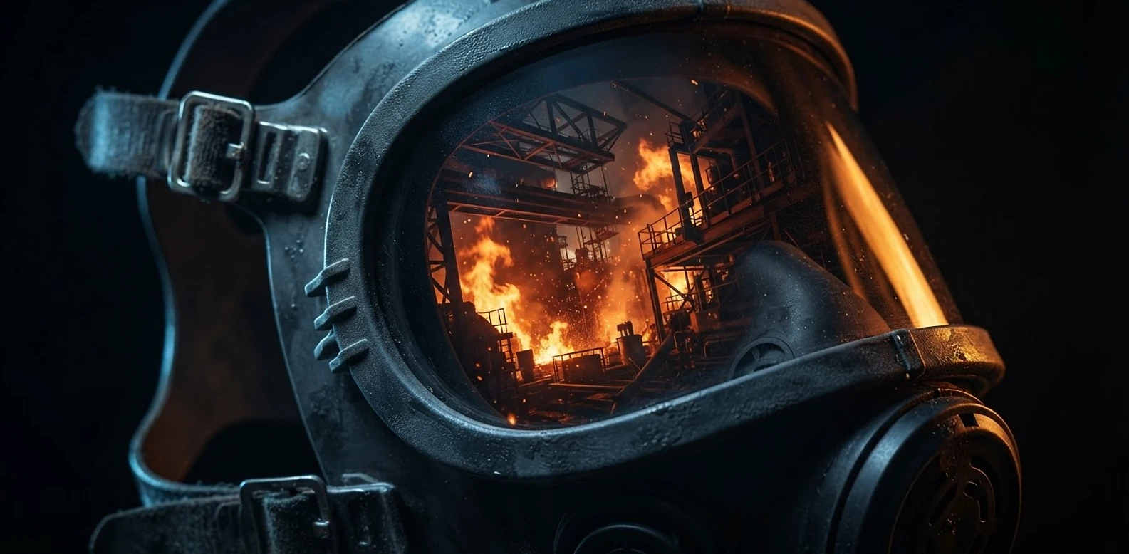 Full face respirator mask close-up with industrial reflection